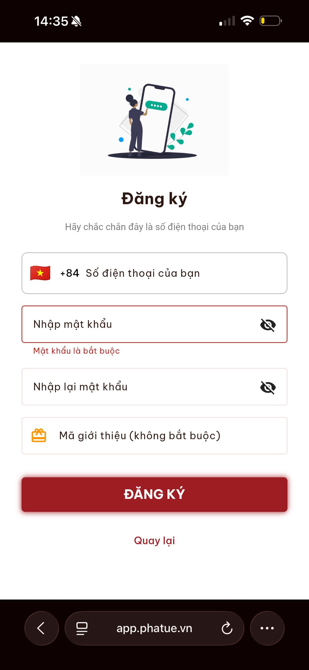 Màn hình đăng ký Phả Tuệ