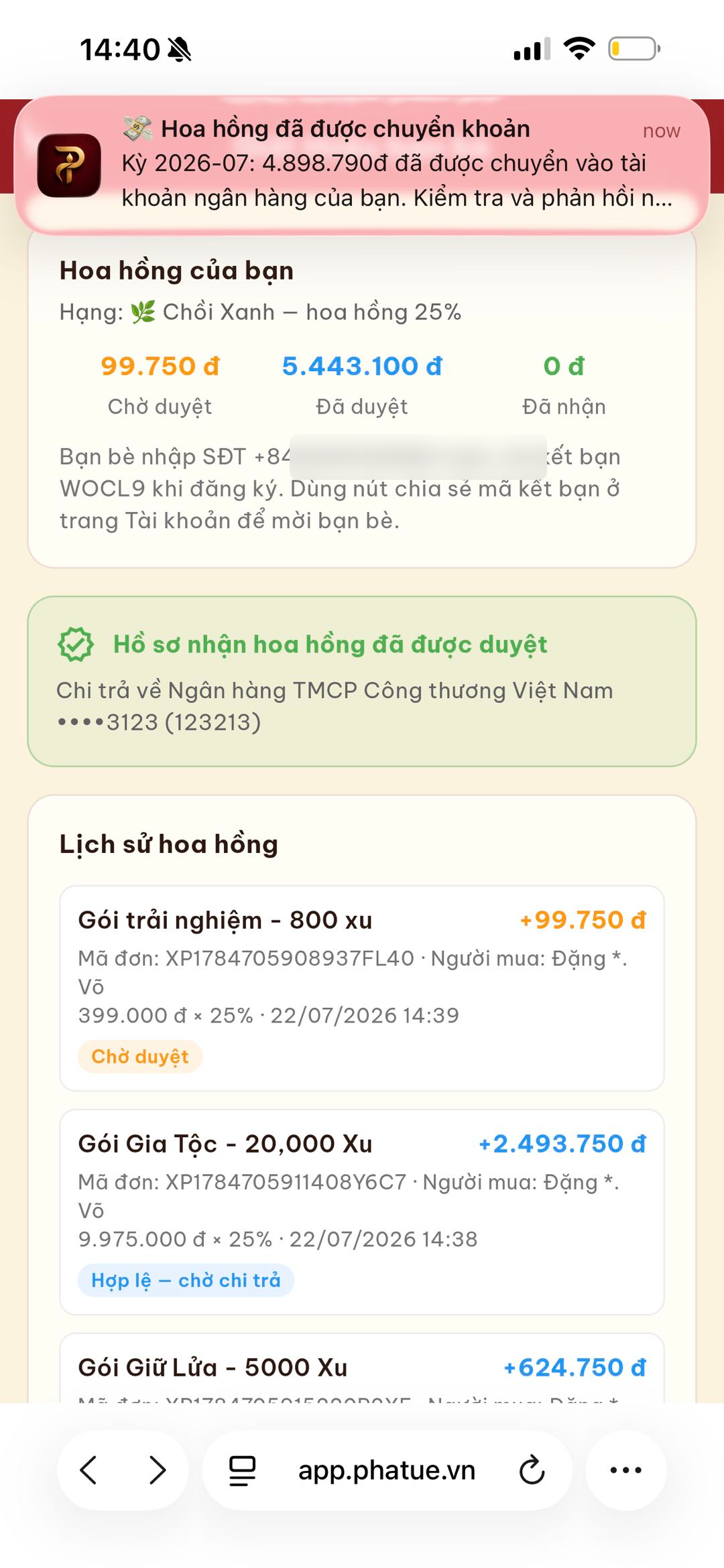 Màn hình lịch sử hoa hồng và chi trả