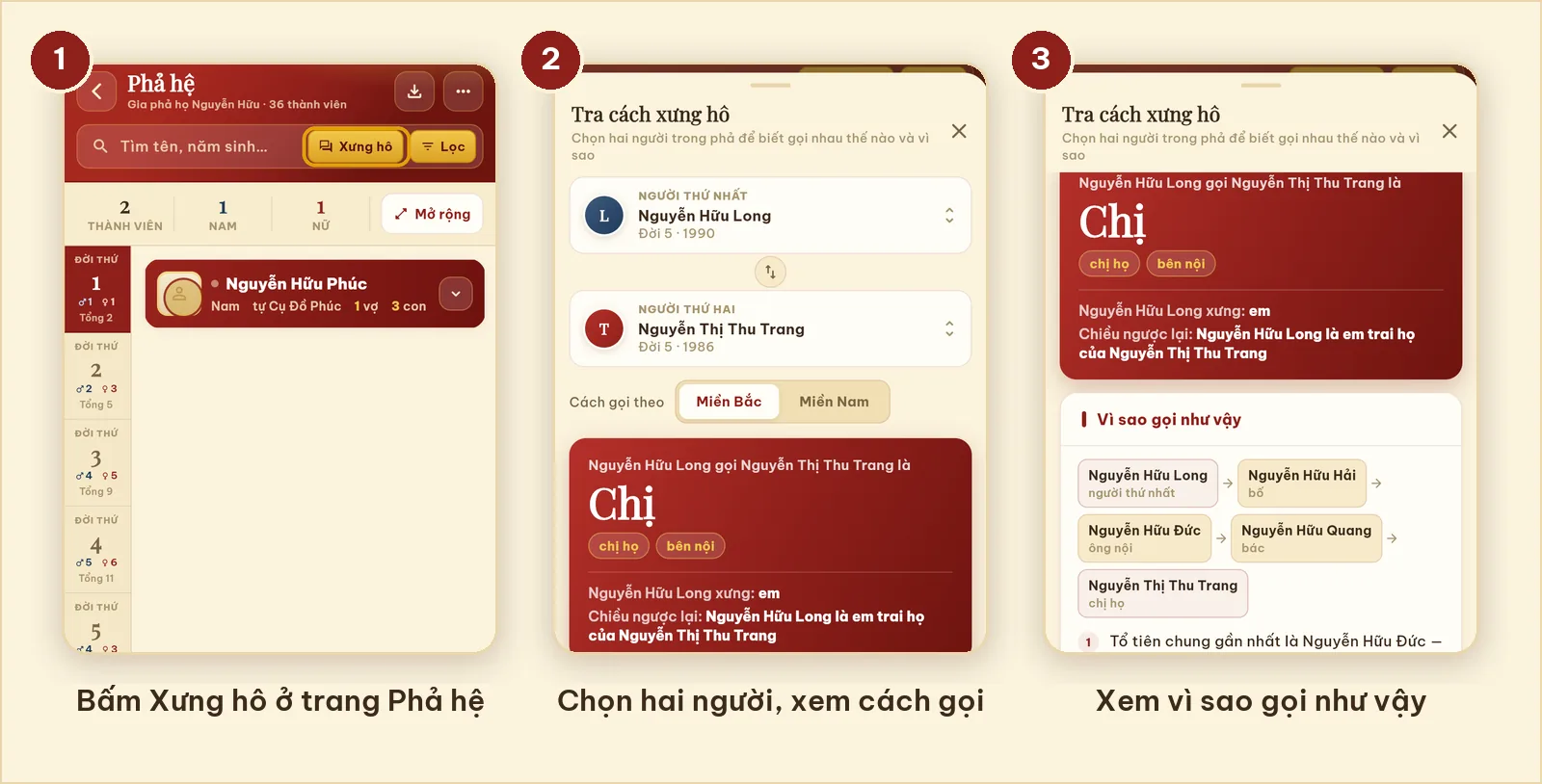 Tra cách xưng hô trong ứng dụng Phả Tuệ: nút Xưng hô trong ô tìm trang Phả hệ, chọn hai người trong cây, kết quả Chị kèm chuỗi người và giải thích tổ tiên chung